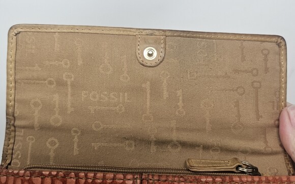 Fossil Trifold Wallet Coral Tan Snake Embossed Leather Card Organizer - Picture 9 of 10
